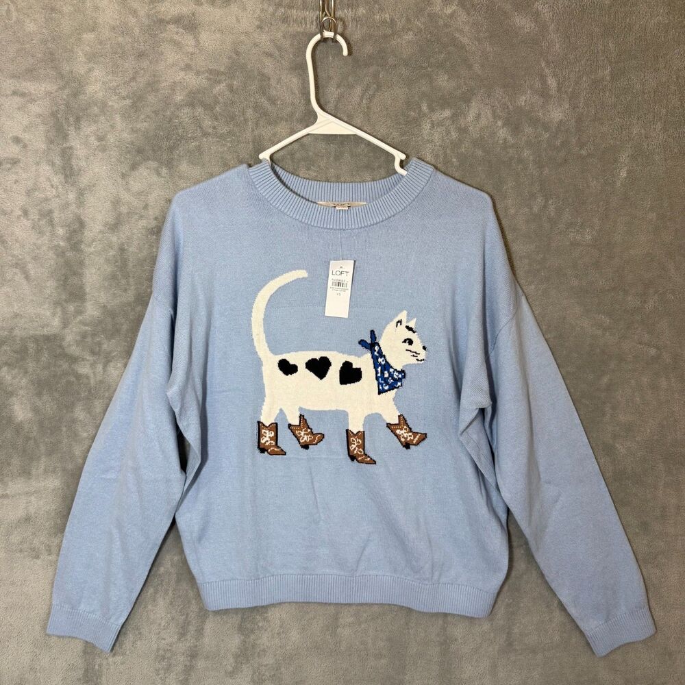 NWT LOFT Graphic Sweater XS Light Blue Cat Cowboy Boots Novelty Crewneck Cotton